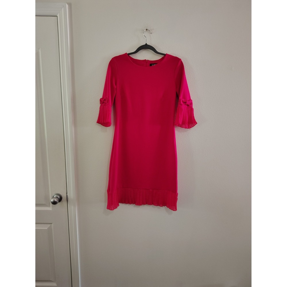 Glamour Women Hot Pink Sheath Dress Pleated Bell Sleeve Bow Hem Size 6 Cocktail